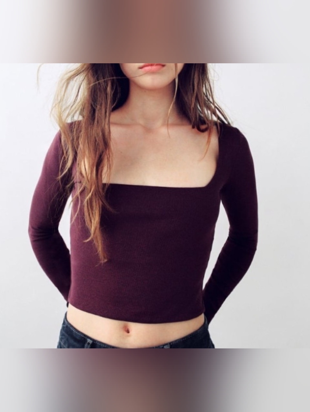 Zara Crop Top Square Neck Long Sleeve Plum  Sz M
